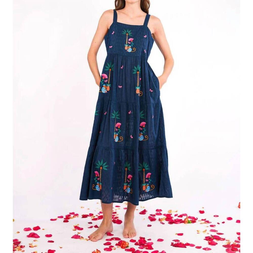 NEW NIMO WITH LOVE cornflower midi dress in navy embroidered monkey